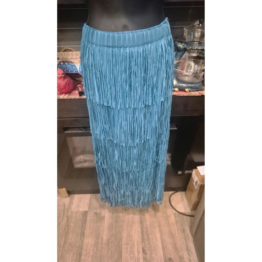 Western Turquoise Layered Fringe Midi Skirt Boho Cowgirl Festival Elastic S‎ M L